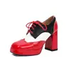 2025 Nova Cor Color Block Cadarço Bico Quadrado Sapatilhas Plataforma Sola Grossa Sapatos de Salto Grosso Tamanhos Grandes 40-48 Exportação Transfronteiriça