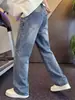 Novos Jeans Americanos de Cintura Alta para Primavera e Outono, Corte Reto, Levemente Flare, Lavados e Desgastados, Calças Longas Casuais Tendência, Calças de Perna Larga