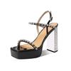 Sandalias de Tacón Super Alto con Pedrería Plateada para Mujer de Piel Genuina Punta Cuadrada Impermeables Plataforma Modelo Pasarela Banquete Tacón Grueso Tacones Altos