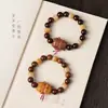 Pulseira Ursinho de Bolso Fofo, Folha Pequena Sândalo Roxo, Sândalo Verde, Joia Vintage, Sândalo, Sândalo com Fio Dourado, Pulseira de Raiz de Bodhi Queimada em Carvão