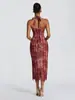 Vestido de Noche de Longitud Media con Escote Halter en V, Encaje, Ballenas en la Cintura para Ceñir, Malla Transparente con Rayas Verticales, Moldeador Corporal, Ajustado a la Cadera