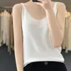Camisola de lana peinada para mujer, color liso simple, cuello en V, sin mangas, holgada, adelgazante, fina, base de punto lingote