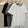 Camiseta de manga corta con cuello redondo y hombros descubiertos, diseño elegante, color liso, holgada y adelgazante, para mujer, novedad de verano 2025