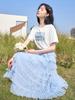 Saia de Malha Fragrant Y Azul Feminina Verão 2024 Nova Cintura Alta Modelo A Plissada Saia Bolo Camadas Super Delicada
