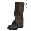 Botas de cano alto botas de cano até o joelho 2026 com cadarço botas longas não de sola grossa retrô homens e mulheres salto grosso cano caído tamanho grande calças preto