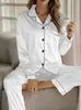 Pijama de Satín de Verano Transfronterizo Europeo y Americano, Cárdigan de Color Sólido con Solapa, Mangas Largas, Pantalones Largos, Superficie Lisa, Conjunto de Ropa de Casa para Mujer