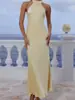 Nuevo Vestido Satinado de Diseño Moderno de Amazon con Abertura Cuello Alto Francés Sin Mangas de Tirantes Cadera