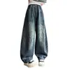 Pantalones de Niña Otoño Nuevo Estampado de Leopardo Jeans de Mezclilla Estilo Americano Retro Lavado Pantalones de Pierna Curva Pantalones Largos para Niña
