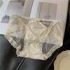 Ropa interior sexy con lazo de encaje de satén estilo francés para mujer, calzoncillos de malla negra de tiro medio-bajo con entrepierna delgada de seda de morera