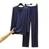 Pantalones Largos de Modal Traje para Casa para Hombre Otoño Delgado Camiseta de Cuello Redondo Pantalones Rectos Sueltos Conjunto de Dos Piezas