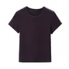 Camiseta Feminina Lyocell Tencel Linho Slim-Fit Ombro Normal Manga Curta 2026 Verão Cor Sólida Gola Redonda Camisa Base Top