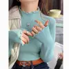 Camisa base de tricô com babados cinza para mulheres, nova peça íntima de outono e inverno, suéter de gola semi-alta, top versátil de corte justo, rosa