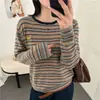 Camiseta base de punto bordada con calabaza a rayas de moda para mujer, nuevo estilo primavera y otoño 2026, top suéter holgado y casual