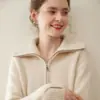 Suéter de cashmere 100% puro espessado para mulheres, com meio zíper, gola virada, macio e amigo da pele, suéter base de tricô de alta qualidade, corte solto