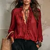 Otoño 2026 Nuevo Estilo Europeo y Americano Transfronterizo Cuello en V Volantes Color Sólido Puño Elástico Manga Larga Blusa Vintage Camisa para Mujer