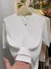 Nueva camiseta elegante de cuello alto medio y manga de cinco cuartos para mujer, colección de verano 2026, versátil y favorecedora, top de manga media a la moda