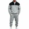 Conjunto de sudadera y pantalón de otoño/invierno transfronterizo para hombre, con bloques de color, patchwork, cuello alto, ropa de trabajo casual para hombre, conjunto de dos piezas