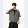 Camiseta de verano para hombre estilo callejero americano, manga corta, cuello henley bordado, diseño pesado, corte boxy corto con hombros normales
