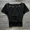 Camiseta Ajustada Retro de Chica del Milenio Y2K Manga Corta Cuello Redondo Top Perforado Ajustado Ins Conjunto de Moda Urbana