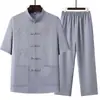 Conjunto de Traje Tang de Manga Corta para Hombres de Mediana Edad y Mayores, Ropa Hanfu de Estilo Chino de Verano para Hombre, Camisa de Papá, Ropa de Abuelo de Seda Helada