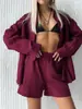 Traje de Cardigan de Algodón y Lino de Manga Larga con Shorts Transfronterizo 2025 Ropa Exterior de Primavera y Verano Traje Casual de Color Sólido Simple Estilo Europeo y Americano para Mujer