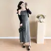Em Estoque 2025 Novo Outono Vestido Longo Elegante de Maternidade Slim-Fit Bordado de Bolinhas + Jaqueta Echarpe com Proteção Solar