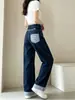 Jeans de Perna Larga Patchwork Xadrez com Laço Vintage Bordado para Mulheres, Calças Retas Soltas de Cintura Alta Comprimento Total para Outono