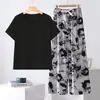 Pijama de Algodón y Seda para Mujeres de Mediana Edad, Camiseta de Color Sólido de Nuevo Estilo y Pantalones de Pierna Ancha, Se Puede Usar Afuera, Conjunto Delgado de Ropa para el Hogar de Rayón