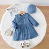 Vestido de Otoño para Niña de Manga Larga con Cuello Fruncido, Vestido de Línea A de Botones al Frente de Imitación de Mezclilla, Ropa para Niños al por Mayor