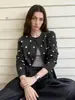 Cárdigan de punto vintage estilo francés con lunares grises oscuros y manga larga para mujer, nuevo suéter chaqueta de cuello redondo para otoño y primavera