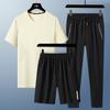 Traje de Verão Masculino de Três Peças Gelo Real Seda Manga Curta Camiseta Masculina Conjunto Longo Calças Shorts Esportivo Casual N