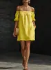 2026 Nuevo Producto Amazon Transfronterizo Europeo y Americano Verano Nuevo Holgado Escote de una Sola Línea Hombros Descubiertos Color Sólido Vestido Ropa para Mujer