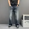 Jeans Grises Ahumados con Degradado Estilo Urbano para Hombre, Lavados y Desgastados, Micro Campana, Largo hasta el Suelo, Marca de Moda, Pantalones Largos Holgados de Pierna Ancha