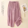 279 # Calça lanterna de algodão e linho de cor sólida artística para mulheres, primavera-verão, cintura elástica, cordão, modelagem solta, tamanhos grandes, calça casual cropped de perna larga