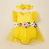 Novo Estilo de Verão para Bebê Menina Saia de Renda com Manga Flare, Saia Princesa Florzinha Fofa, Macacão de Engatinhar, Conjunto de Duas Peças com Faixa de Cabeça