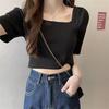 Top corto francés del sudeste asiático transfronterizo para mujer, nuevo diseño, cuello cuadrado, manga abullonada, suéter de manga corta de verano