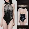 Lencería Erótica Nube de Rosa con Abertura en la Entrepierna con Cremallera, Traje de Baño Brillante sin Espalda con Cadena, Uniforme Sexy