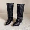 Design Retrô Estilo Nicho Calça Longa Botas 2026 Outono/Inverno Nova Chegada Bico Fino Salto Grosso Botas Pretas Franzidas Mulher