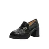 Sapatos de salto alto silenciosos de 7 cm, mocassins retrô de salto grosso, sapatos de salto único para o trabalho, sapatos de couro camélia preta, sapatos Mary Jane