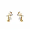 Plata Electrodopada con Oro Real de 18 Quilates Aguja Plateada Lujo Ligero Circonita Perla de Imitación Gota de Agua Saturno Pendientes de Alta Gama Accesorios de Oreja de Moda