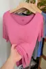 Camiseta Gris de Alta Gama con Cuello en V, Manga Corta Elástica para Mujer 2026 Verano Nueva Moda Holgada de Longitud Media Camiseta Básica Talla Grande