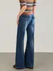 2613405-Jeans Vintage de Algodão Lavado Nanyou de Perna Larga Levemente Flare Calça Casual Simples Nova para o Início do Outono Feminina