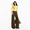 Jeans rectos holgados para mujer, estilo retro americano, algodón puro, bordados, color café marrón, pantalones caqui extralargos