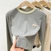 Camada Base Quente Feminina de Cor Contrastante Falsa Duas Peças Primavera Veludo Macio Gola Redonda Slim Fit Manga Longa Camiseta Top para Mulheres