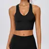 Camiseta de yoga sin costuras transfronteriza con almohadillas en el pecho para mujer, cuello en V, diseño de espalda cruzada, prenda exterior transpirable para deportes al aire libre y fitness