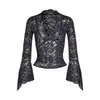 Nuevo Iamgia Sexy Transparente Estilo Chica Caliente Deseo Puro Cuello en V Encaje Hueco Mangas Acampanadas Transparente Ajustado