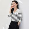 Camiseta Polo de Punto Regular para Hombro Estilo Commuting Suéter Fino de Moda Otoñal Rayado Top de Manga Corta Elegante Versátil