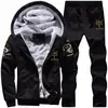 Outono e inverno novo terno casual com capuz acolchoado de veludo para homens de meia-idade e idosos esportivo coreano masculino de duas peças