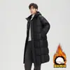Chamarra de plumas unisex para invierno, hecha con plumas de pato blanco, engrosada, longitud hasta la rodilla, estilo nuevo casual y moderno, con capucha, abrigo cálido
