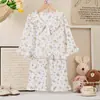Conjunto de Ropa de Casa de Algodón Nube para Niñas Pijamas y Pantalones con Estampado Floral Lindo Estilo Primavera y Verano Manga Larga Pantalón Largo Conjunto de Dos Piezas